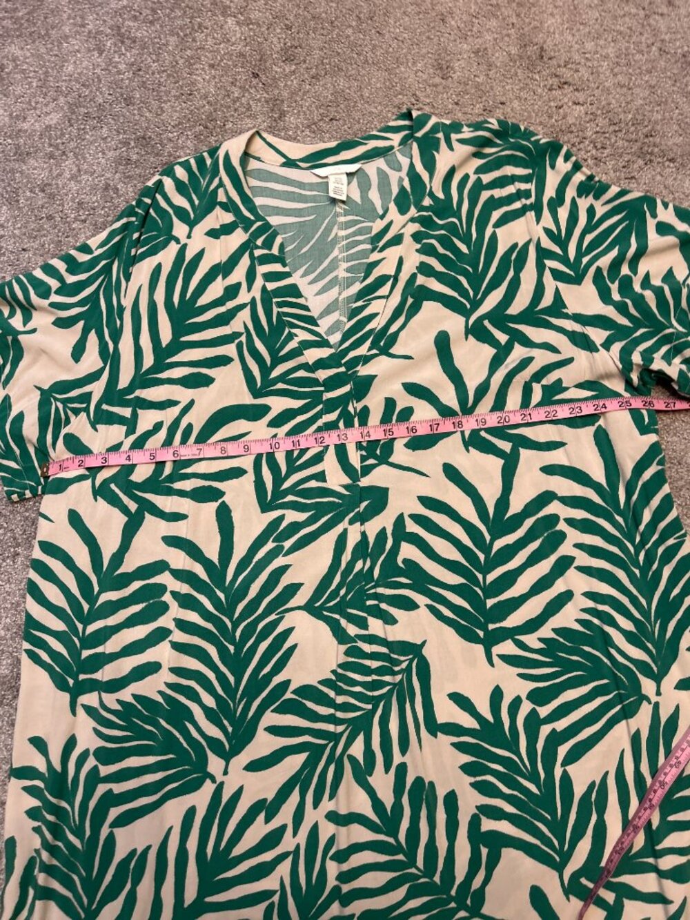 H&M Green Cream Tropical Palm Leaf Kaftan Tunic Dress Shift V-Neck XXL 20 Boho - Picture 6 of 6